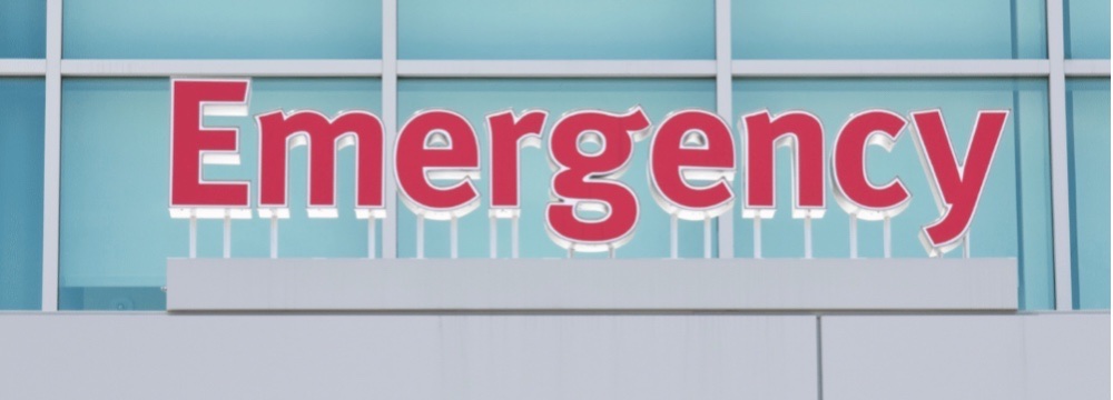 Emergency room sign greets a patient as they come in for a cardiac event that is diagnosed as afib in the emergency department 